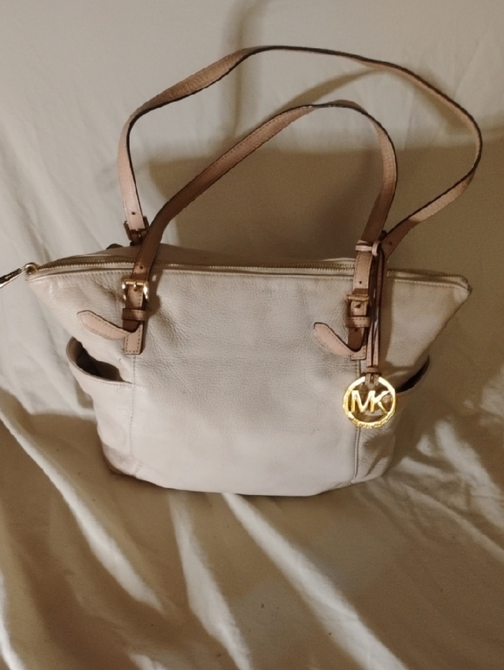 Michael Kors Jet Set Cream Leather Tote with Gold Accents